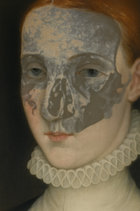 Portrait of William Shakespeare's wife Anne Hathaway by Roger Brien Dunn © Shakespeare Birthplace Trust (with skull overlay)